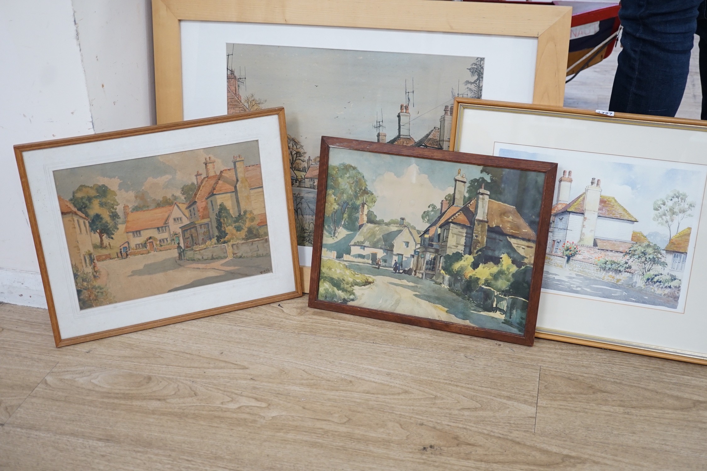 Three assorted watercolours of Glynde and a colour print, largest 40 x 49cm